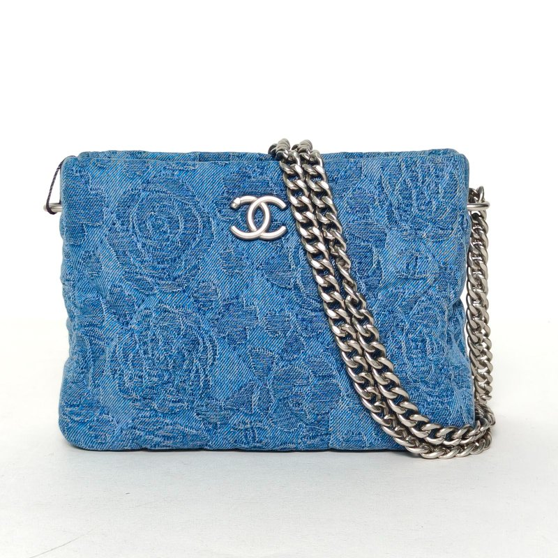 CHANEL 牛仔藍牛仔晶片開銀扣愛心金球肩帶23P山茶花hobo藍肩背包-0