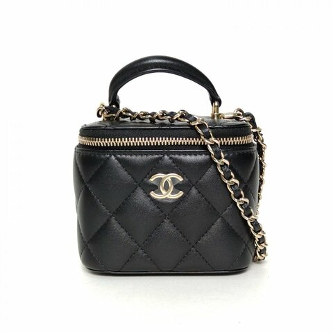 CHANEL 手提方盒子化妝包帶鏡子10黑色羊皮31開金扣單皮穿鏈肩帶皮手柄肩背包