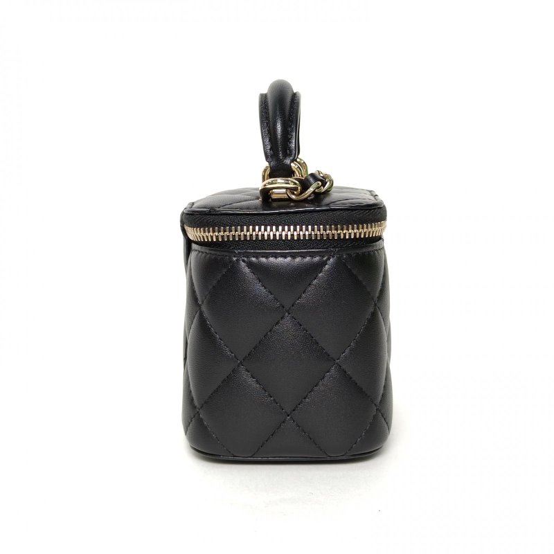 CHANEL 手提方盒子化妝包帶鏡子10黑色羊皮31開金扣單皮穿鏈肩帶皮手柄肩背包-1