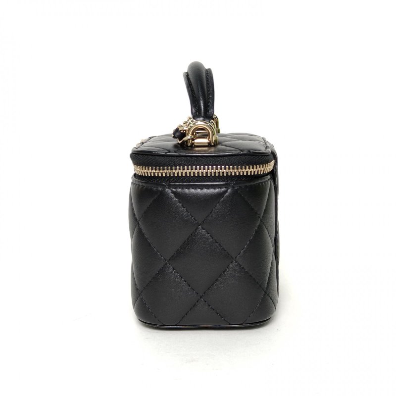 CHANEL 手提方盒子化妝包帶鏡子10黑色羊皮31開金扣單皮穿鏈肩帶皮手柄肩背包-3