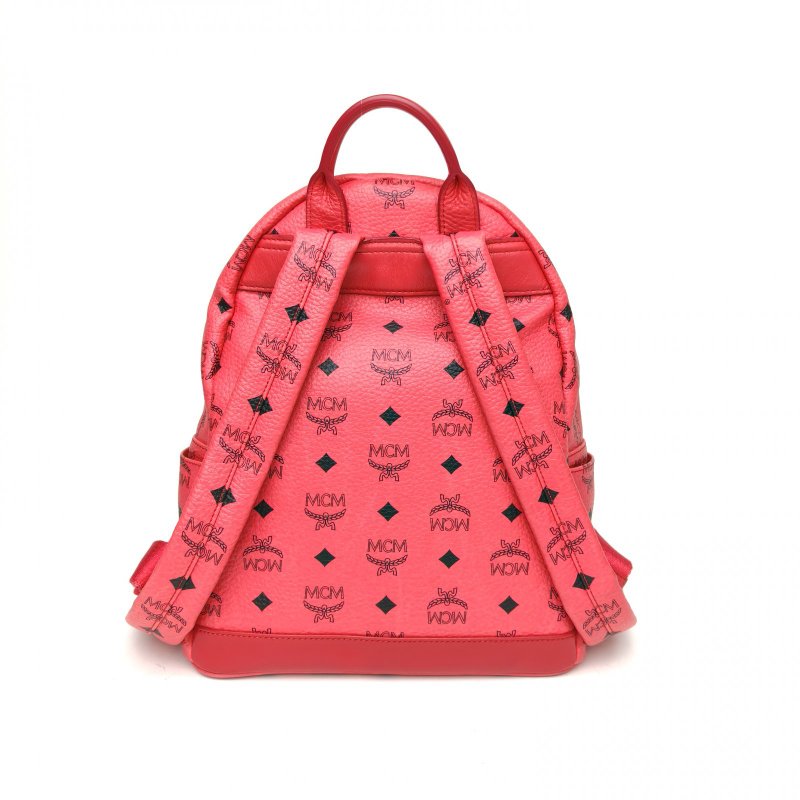 MCM 正面菱形鉚釘小號紅色牛皮雙肩包肩背包-2