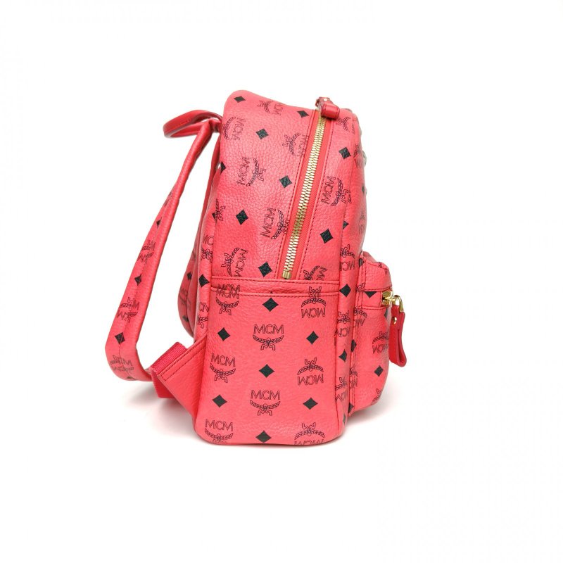 MCM 正面菱形鉚釘小號紅色牛皮雙肩包肩背包-3