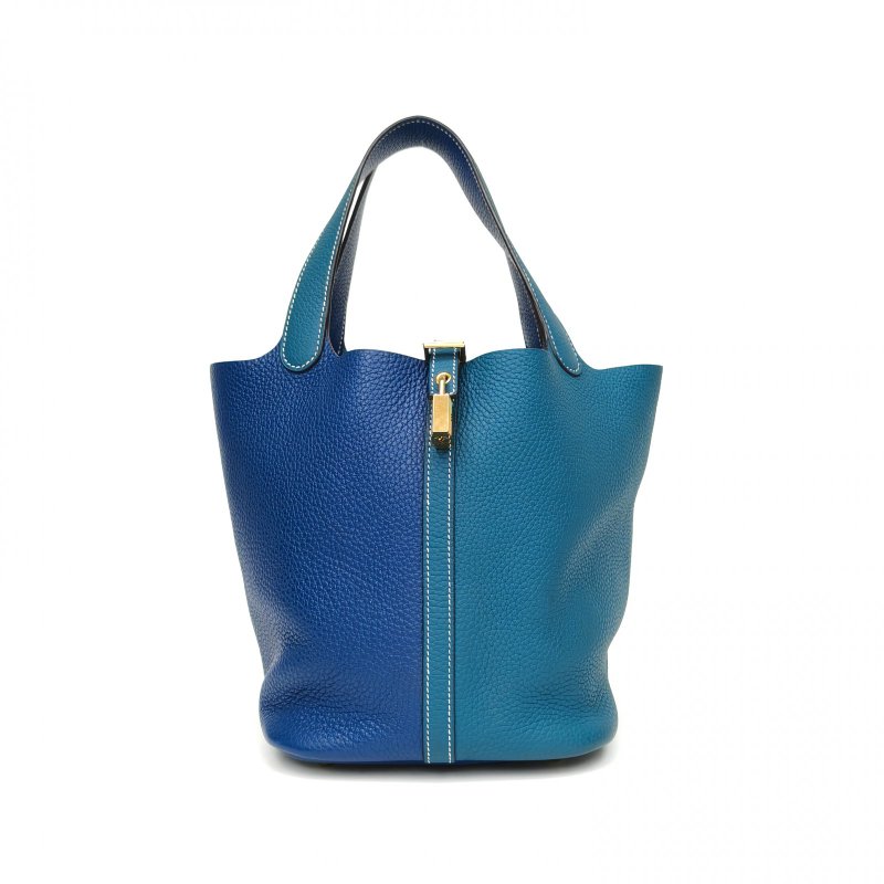 HERMES Picotin22菜籃子W0博斯普魯斯綠拼S4深邃藍TC皮D刻金扣肩背包-0