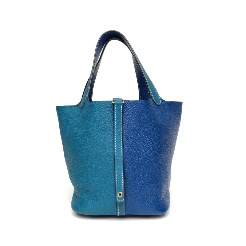 HERMES Picotin22菜籃子W0博斯普魯斯綠拼S4深邃藍TC皮D刻金扣肩背包-2