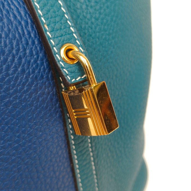 HERMES Picotin22菜籃子W0博斯普魯斯綠拼S4深邃藍TC皮D刻金扣肩背包-4