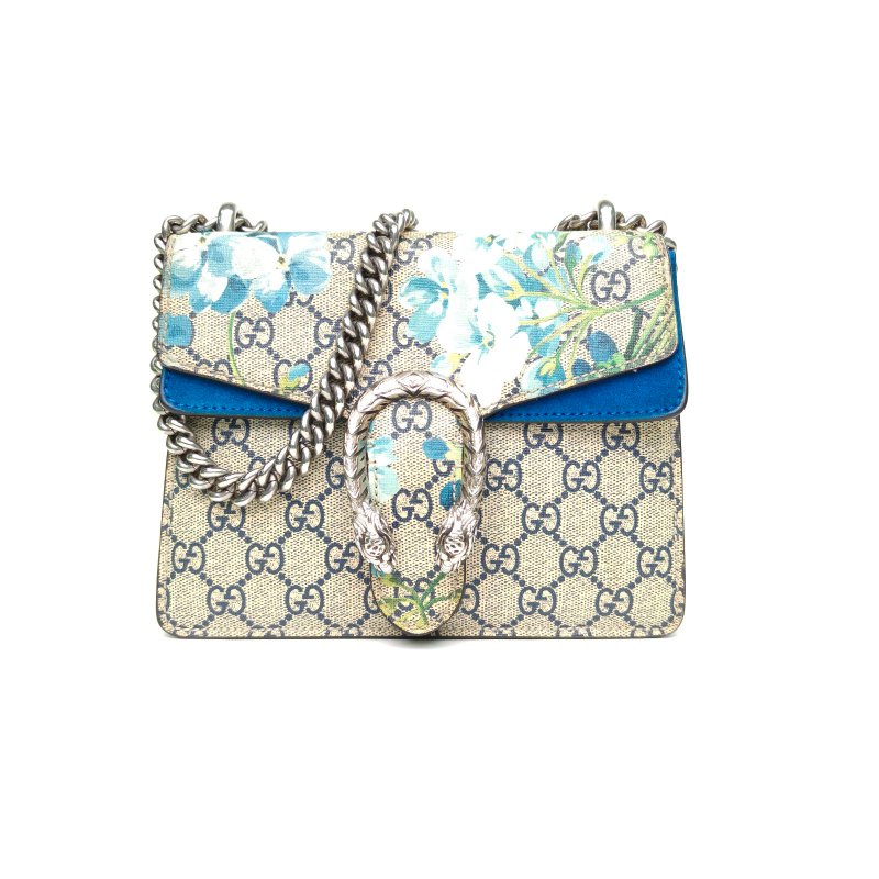 GUCCI Dionysus酒神高版小號20藍色天竺葵印花老花PVC銀扣肩背包-0