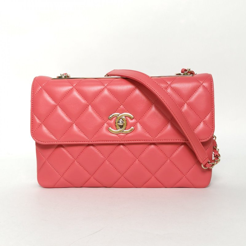 CHANEL 粉色羊皮24開淺金扣rendyCC季節款風琴包小號25肩背包-0