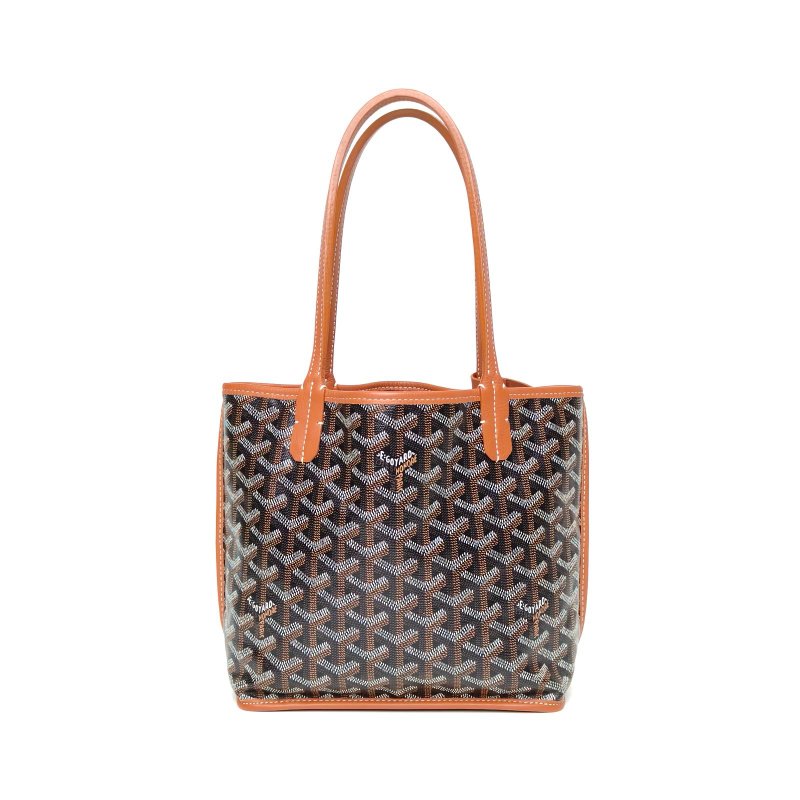 GOYARD Anjou雙面購物袋Mini20金棕色牛皮/帆布銀扣肩背包-2