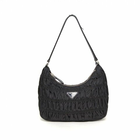PRADA Hobo腋下包褶皺黑色尼龍銀扣肩背包