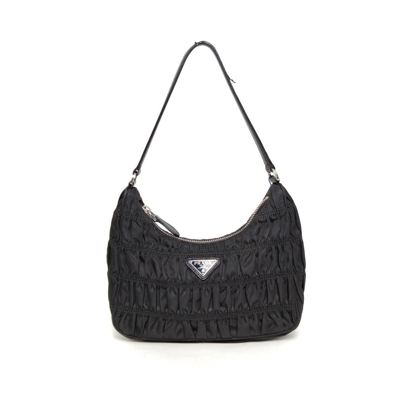 PRADA Hobo腋下包褶皺黑色尼龍銀扣肩背包-0