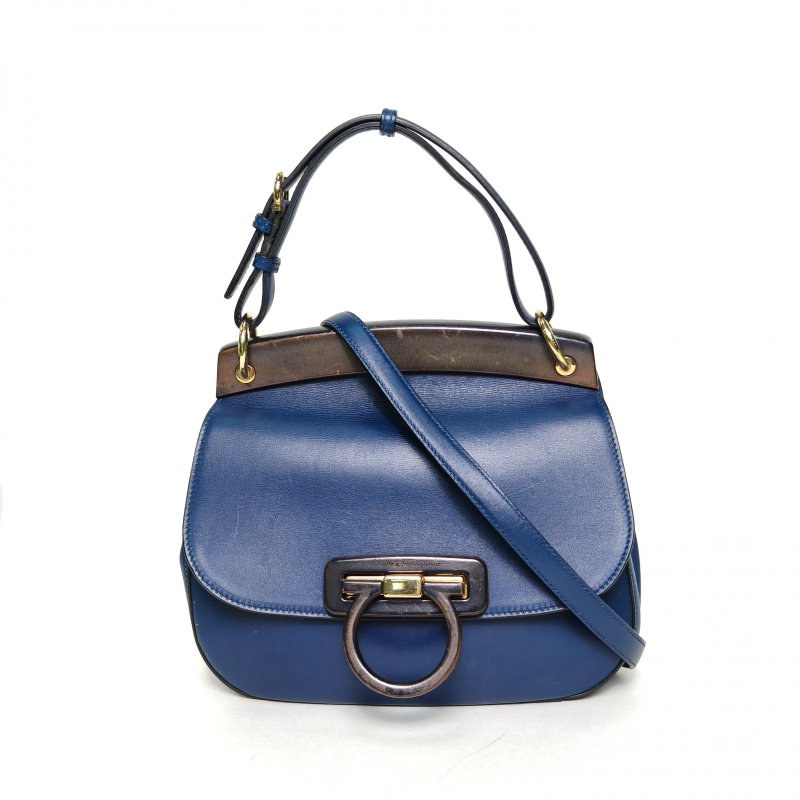 Salvatore Ferragamo 藍色牛皮馬鞍斜挎包肩背包-0