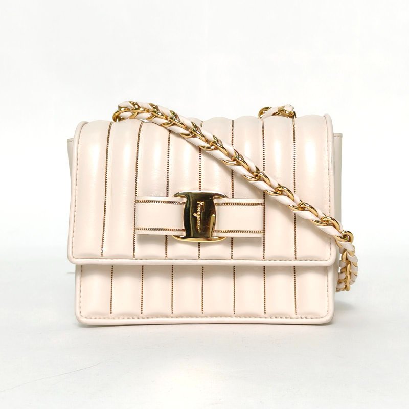 Salvatore Ferragamo 米色牛皮蝴蝶結斜挎包14.5鏈條包肩背包-0