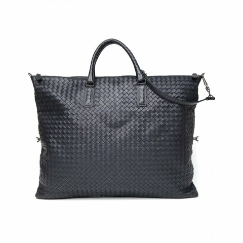 BOTTEGA VENETA 黑色羊皮鎢鋼扣經典編織手提包keepall50肩背包