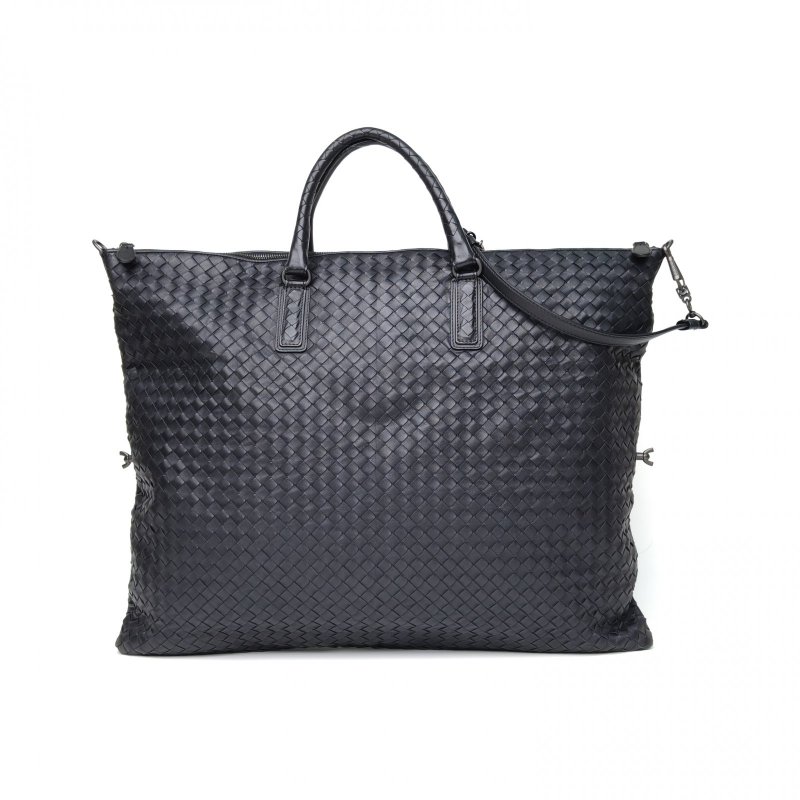 BOTTEGA VENETA 黑色羊皮鎢鋼扣經典編織手提包keepall50肩背包-0