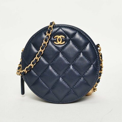 CHANEL 金球金珠圓餅鏈條包墨藍色羊皮29開金扣肩背包