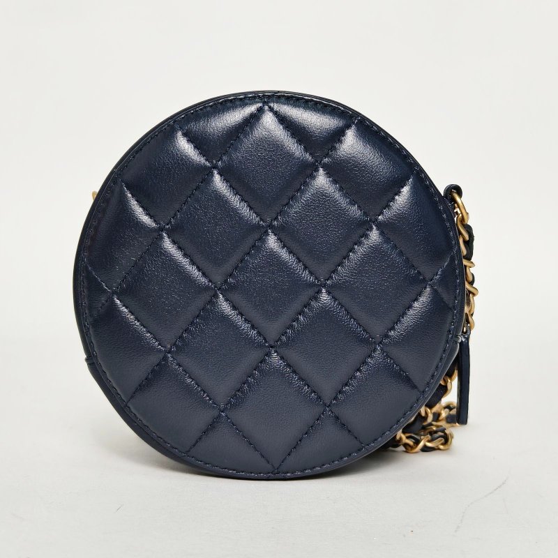 CHANEL 金球金珠圓餅鏈條包墨藍色羊皮29開金扣肩背包-2
