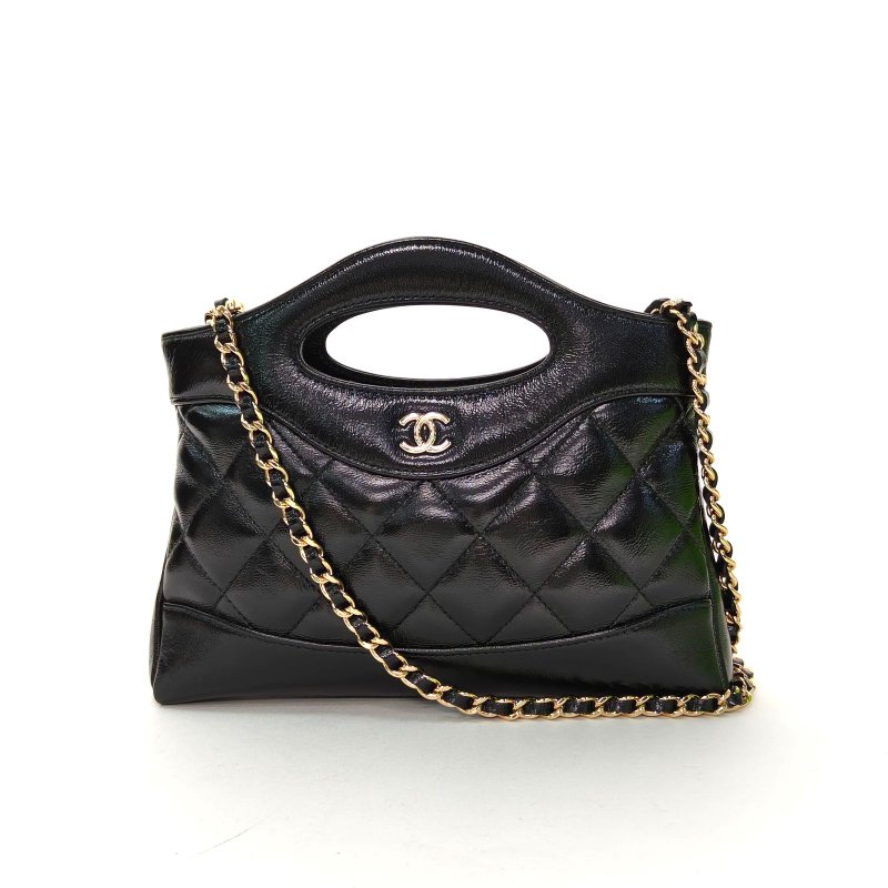 CHANEL 31BagNano橫版20.5黑色羊皮鐳射標淺金扣肩背包-0