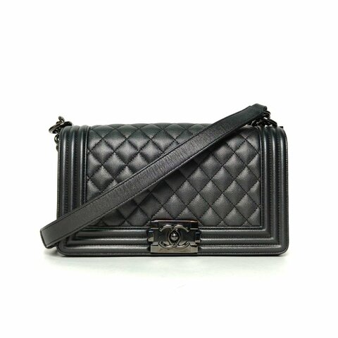 CHANEL Leboy中號25黑色荔枝牛皮24開黑扣肩背包