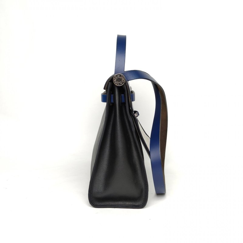 HERMES Herbag3189黑色拼73寶石藍防水帆布/Hunter牛皮C刻銀扣肩背包-1
