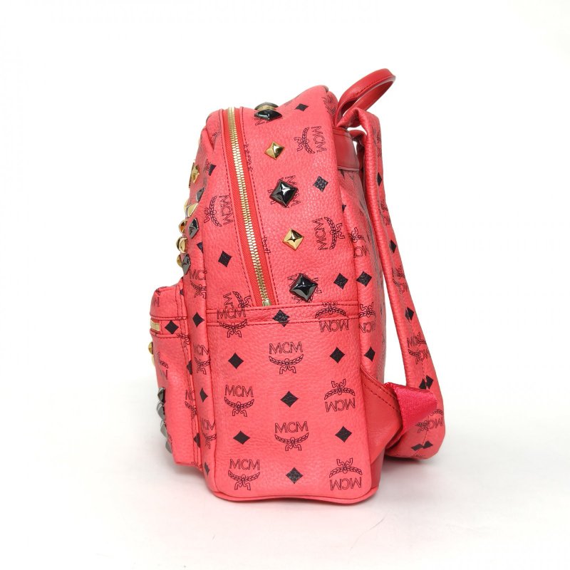 MCM 正面M型鉚釘小號桃紅色牛皮雙肩包肩背包-1