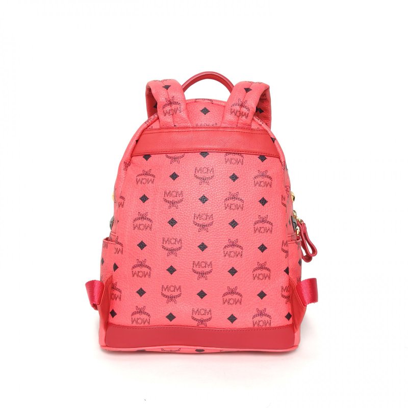 MCM 正面M型鉚釘小號桃紅色牛皮雙肩包肩背包-2