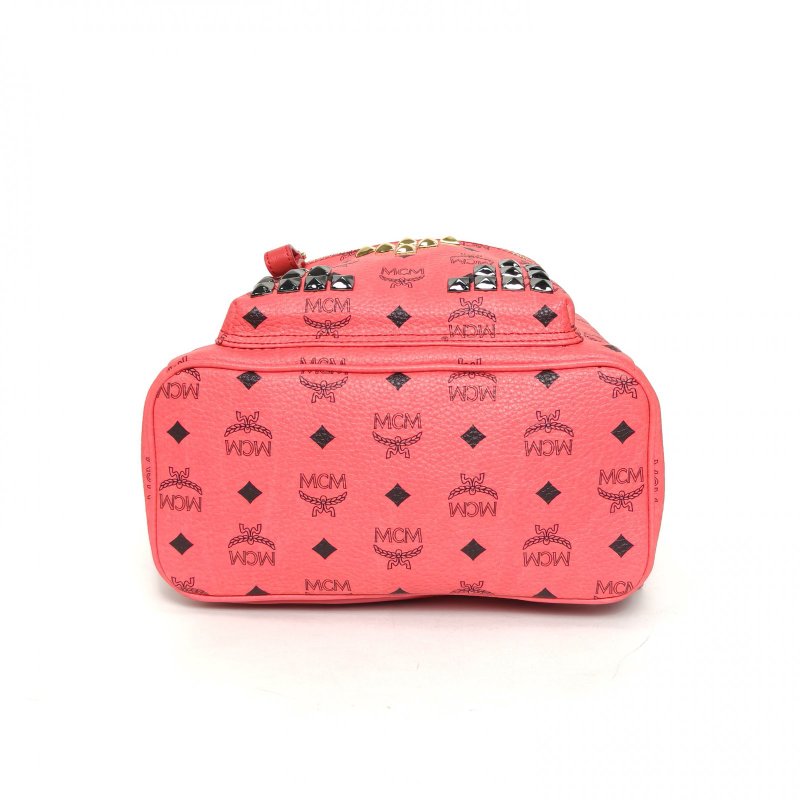 MCM 正面M型鉚釘小號桃紅色牛皮雙肩包肩背包-4