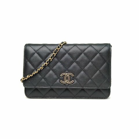 CHANEL CFWOC19黑色荔枝牛皮晶片開鏤空扣黑鑽雙C肩背包