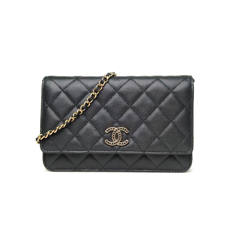 CHANEL CFWOC19黑色荔枝牛皮晶片開鏤空扣黑鑽雙C肩背包-0