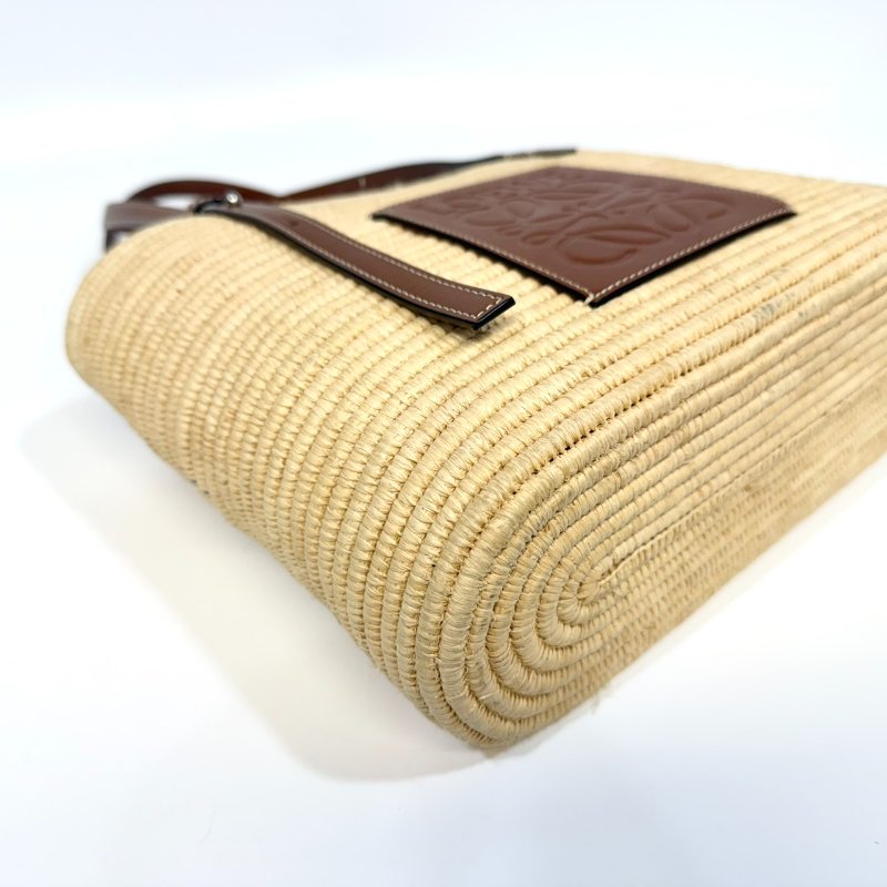 LOEWE拉菲草編織拼棕牛皮Square basket方形肩背包A223099-18