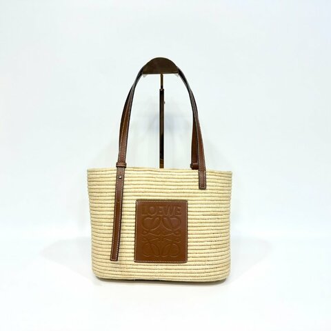 LOEWE拉菲草編織拼棕牛皮Square basket方形肩背包A223099