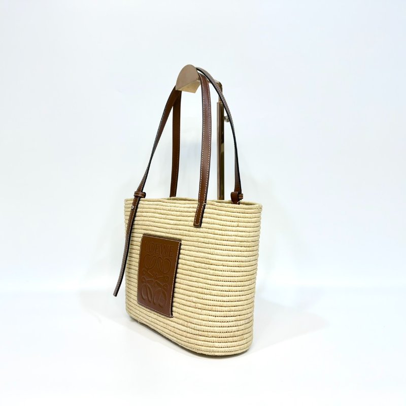 LOEWE拉菲草編織拼棕牛皮Square basket方形肩背包A223099-2