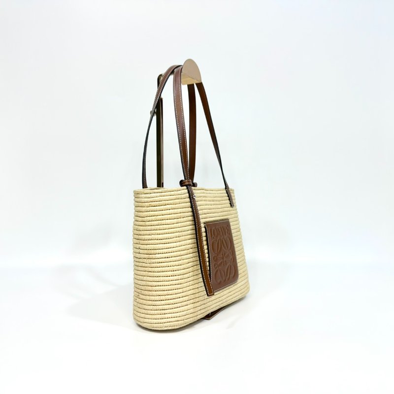 LOEWE拉菲草編織拼棕牛皮Square basket方形肩背包A223099-3