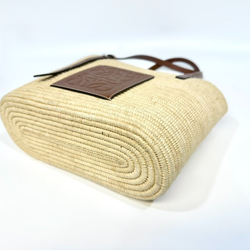 LOEWE拉菲草編織拼棕牛皮Square basket方形肩背包A223099-10