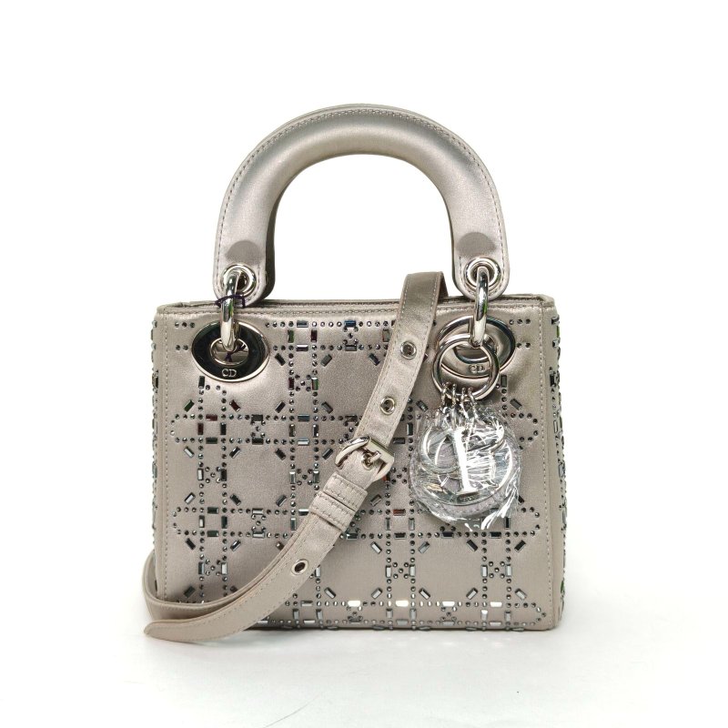 DIOR Lady戴妃包三格灰色緞面銀扣2017水鑽飾面肩背包-0