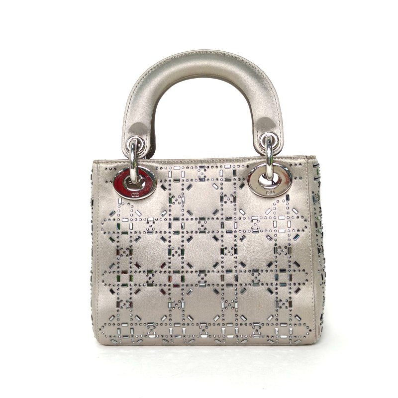 DIOR Lady戴妃包三格灰色緞面銀扣2017水鑽飾面肩背包-2