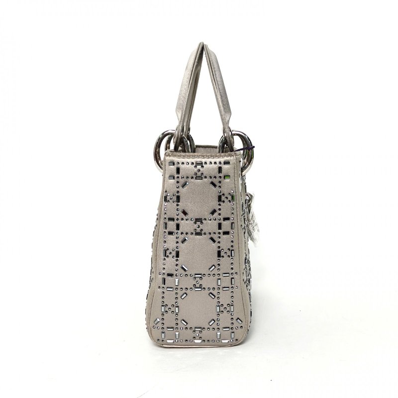 DIOR Lady戴妃包三格灰色緞面銀扣2017水鑽飾面肩背包-3