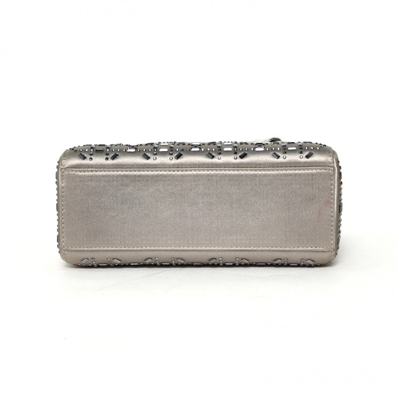 DIOR Lady戴妃包三格灰色緞面銀扣2017水鑽飾面肩背包-4