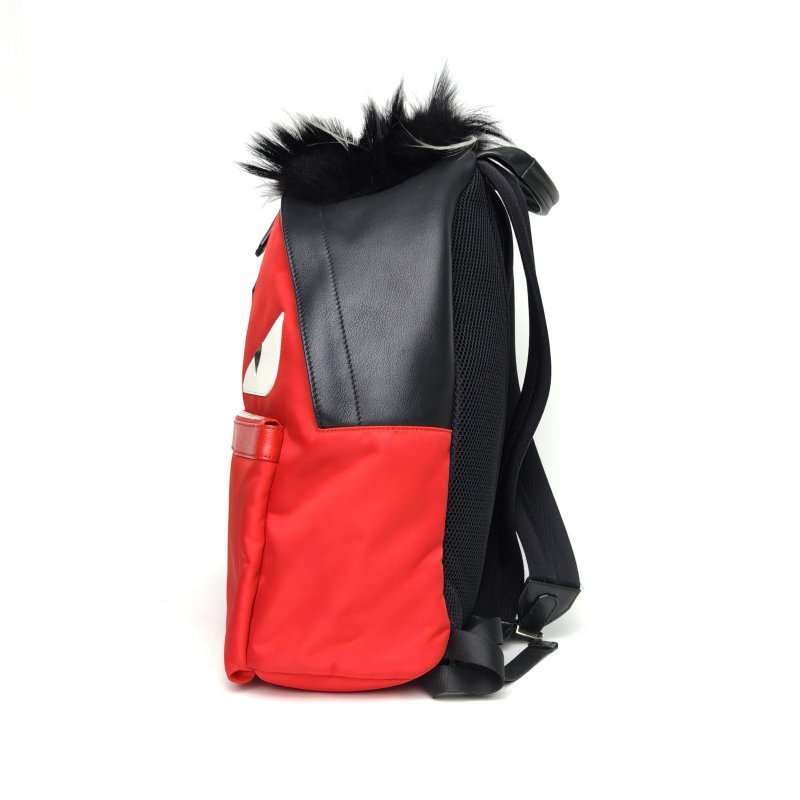 FENDI 拼色牛皮尼龍芬迪小怪獸黑毛雙肩包/肩背包-1