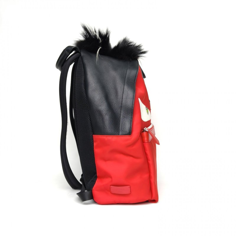 FENDI 拼色牛皮尼龍芬迪小怪獸黑毛雙肩包/肩背包-3