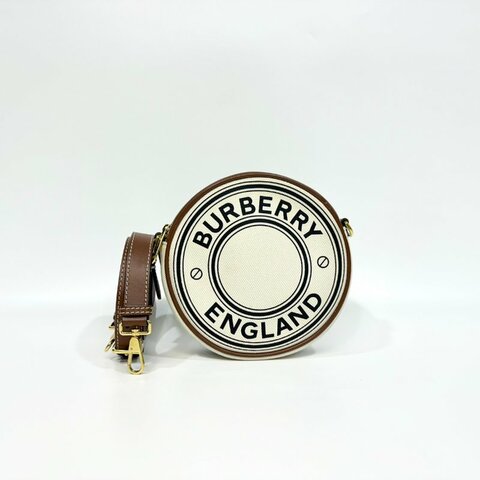 BURBERRY帆布拚棕牛皮雙層圓餅包 8027602