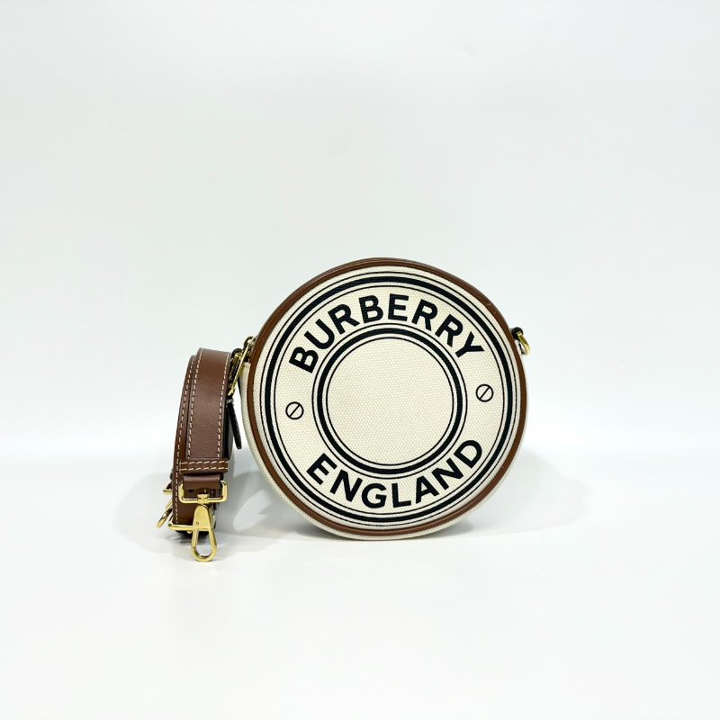 BURBERRY帆布拚棕牛皮雙層圓餅包 8027602-0