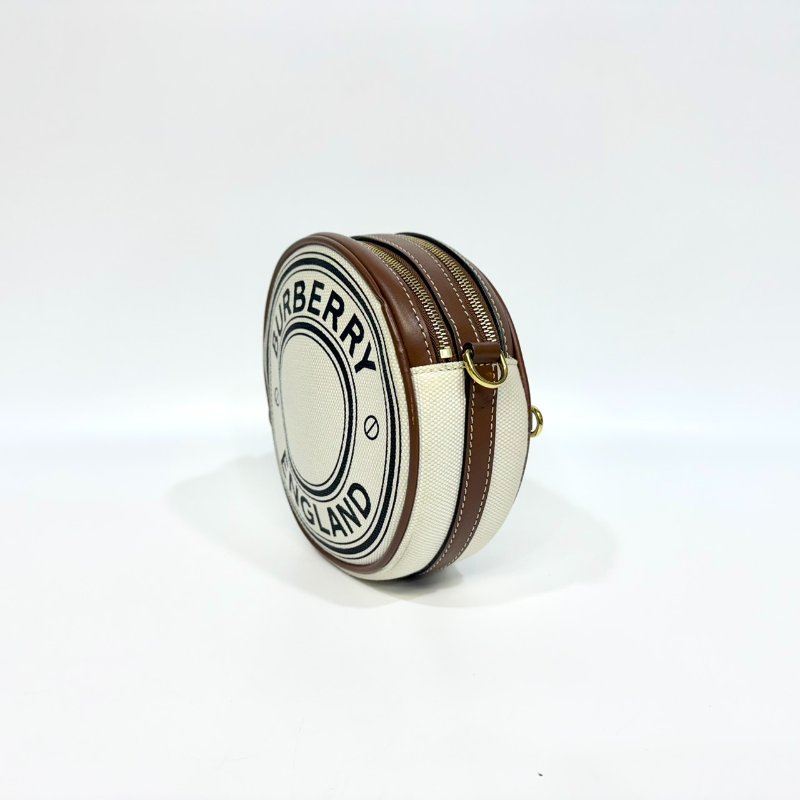 BURBERRY帆布拚棕牛皮雙層圓餅包 8027602-2