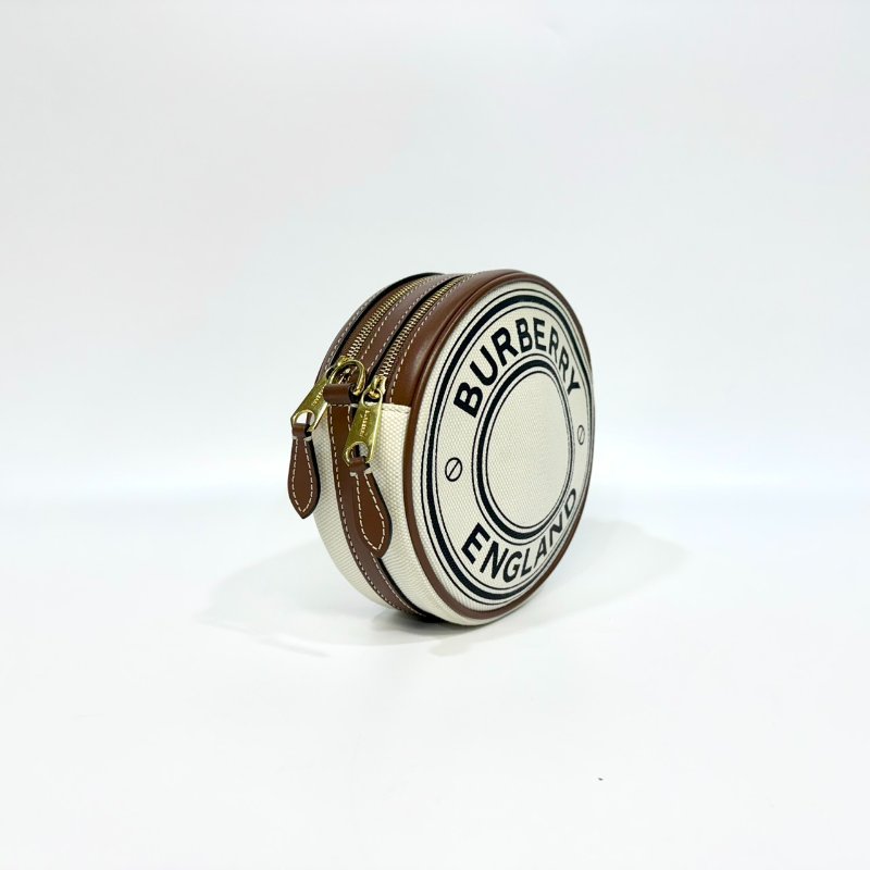 BURBERRY帆布拚棕牛皮雙層圓餅包 8027602-3