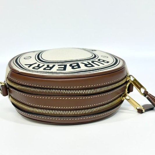 BURBERRY帆布拚棕牛皮雙層圓餅包 8027602-10