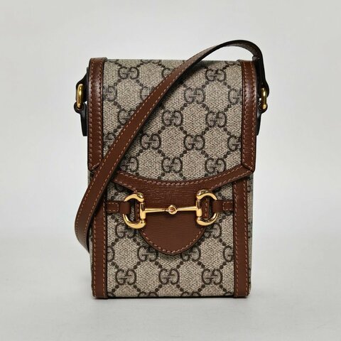 GUCCI Horsebit馬銜扣三角插扣手機包烏木色PVC金扣肩背包