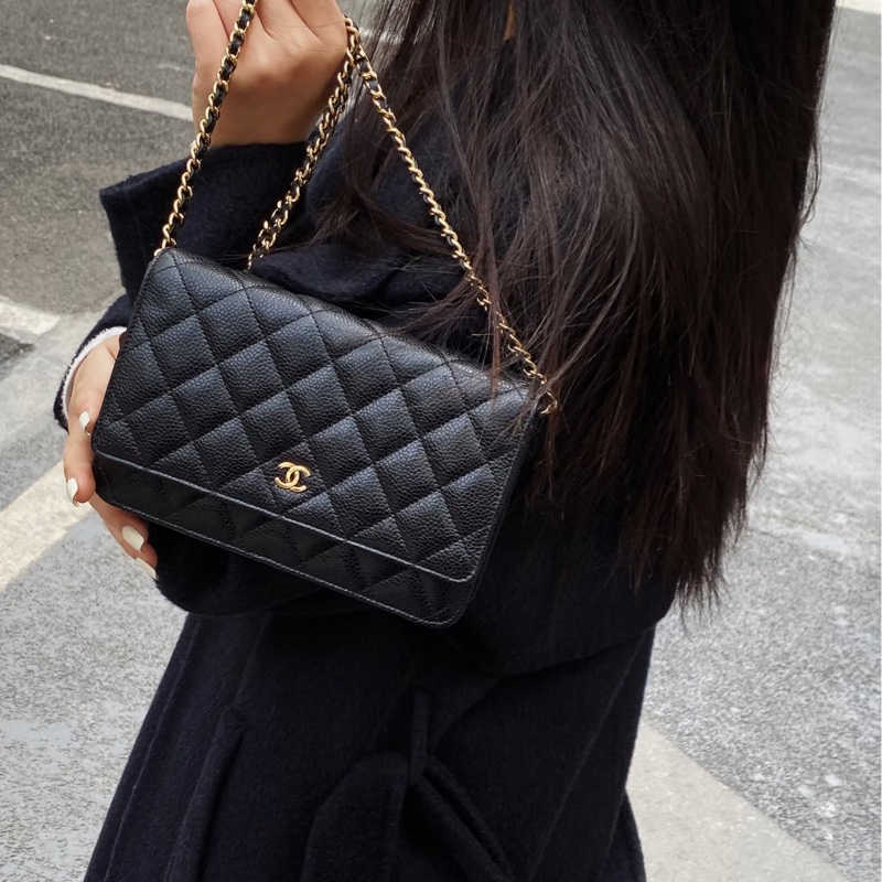 Chanel香奈兒CHANEL黑色黑金荔枝皮WOC鏈條包斜背包磁吸釦ClassicWalletOnChain AP0250-2