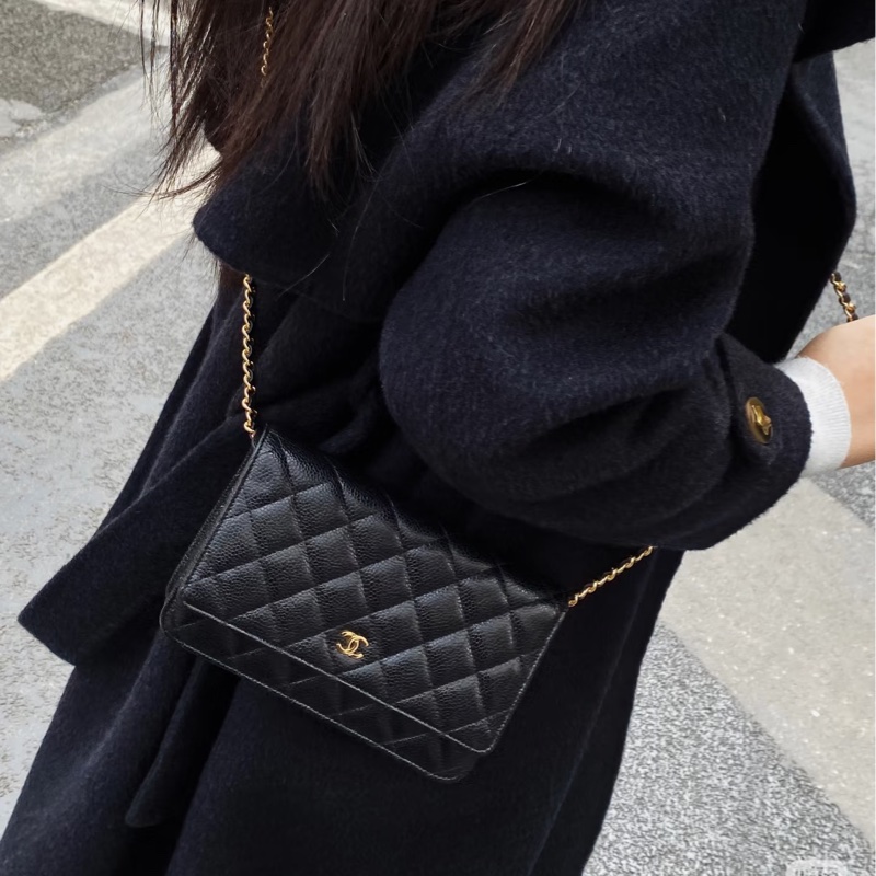 Chanel香奈兒CHANEL黑色黑金荔枝皮WOC鏈條包斜背包磁吸釦ClassicWalletOnChain AP0250-3