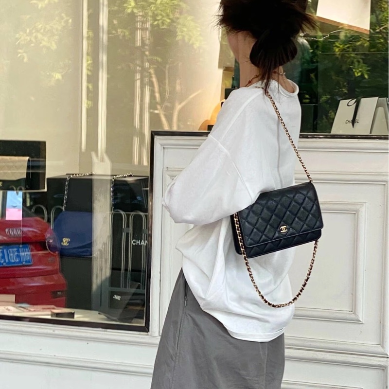 Chanel香奈兒CHANEL黑色黑金荔枝皮WOC鏈條包斜背包磁吸釦ClassicWalletOnChain AP0250-6
