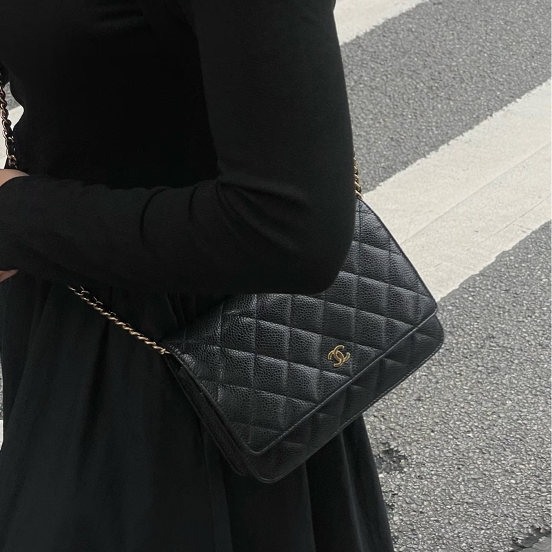 Chanel香奈兒CHANEL黑色黑金荔枝皮WOC鏈條包斜背包磁吸釦ClassicWalletOnChain AP0250-7