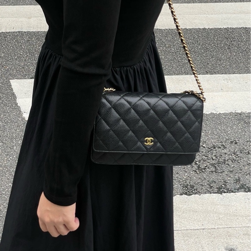 Chanel香奈兒CHANEL黑色黑金荔枝皮WOC鏈條包斜背包磁吸釦ClassicWalletOnChain AP0250-8